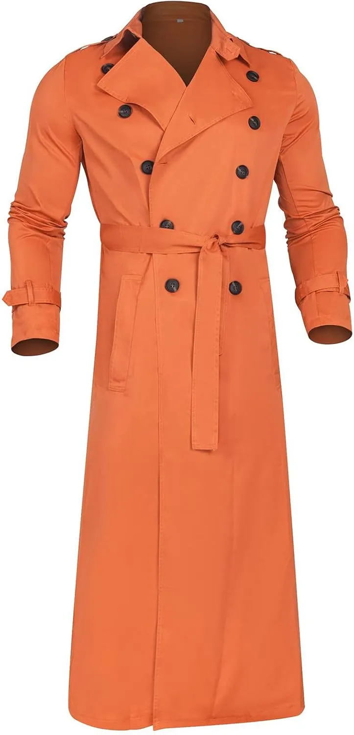 Men's Trench Coat Slim fit Lapel Double Breasted Belted Windbreaker Long Jacket Windproof Button Overcoat