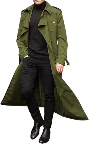 Men's Trench Coat Slim fit Lapel Double Breasted Belted Windbreaker Long Jacket Windproof Button Overcoat
