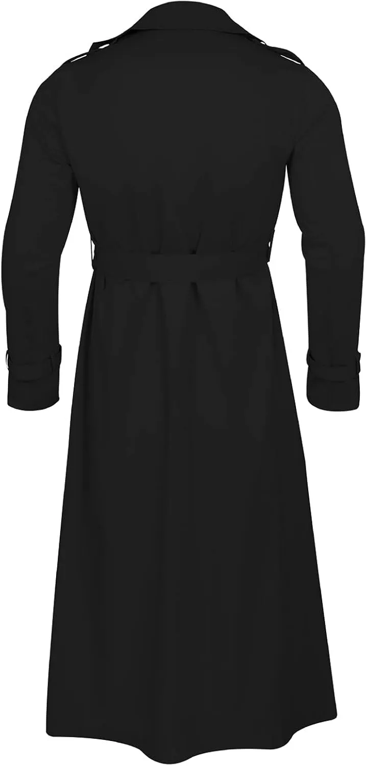 Men's Trench Coat Slim fit Lapel Double Breasted Belted Windbreaker Long Jacket Windproof Button Overcoat