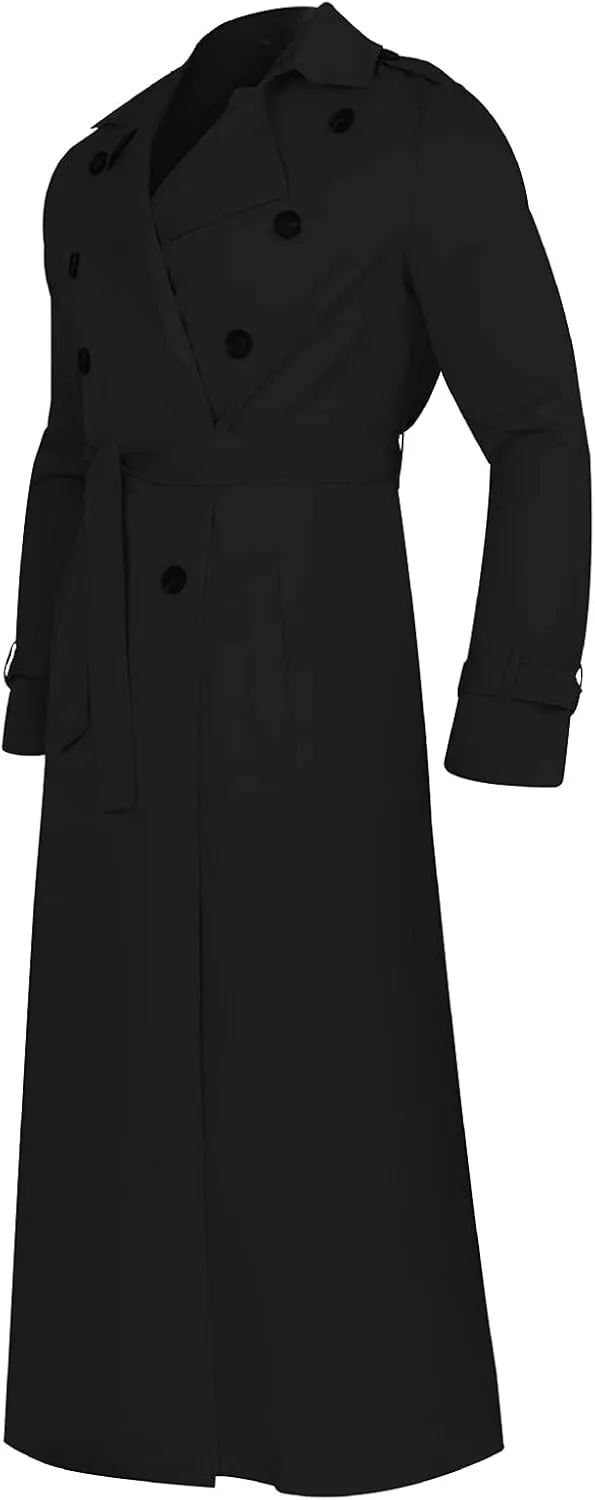 Men's Trench Coat Slim fit Lapel Double Breasted Belted Windbreaker Long Jacket Windproof Button Overcoat