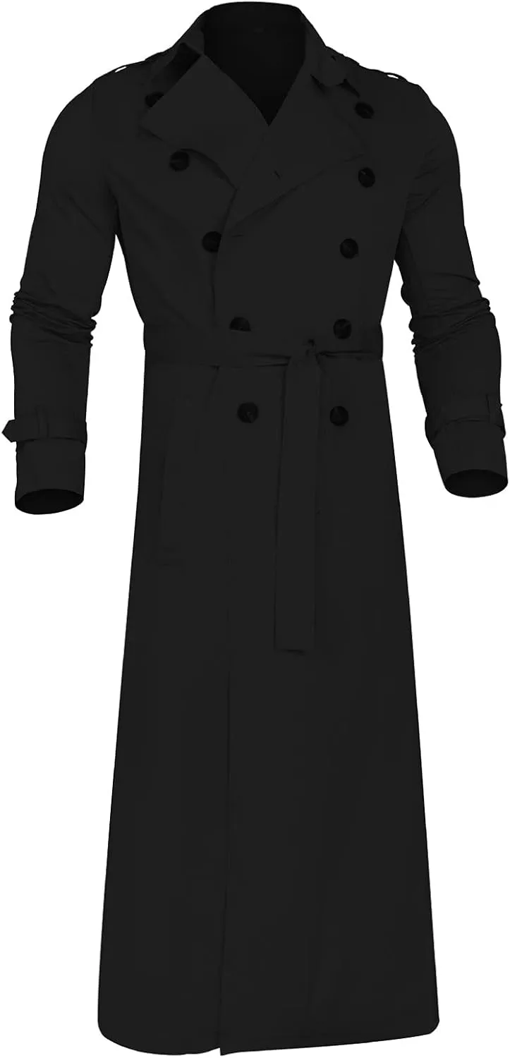 Men's Trench Coat Slim fit Lapel Double Breasted Belted Windbreaker Long Jacket Windproof Button Overcoat