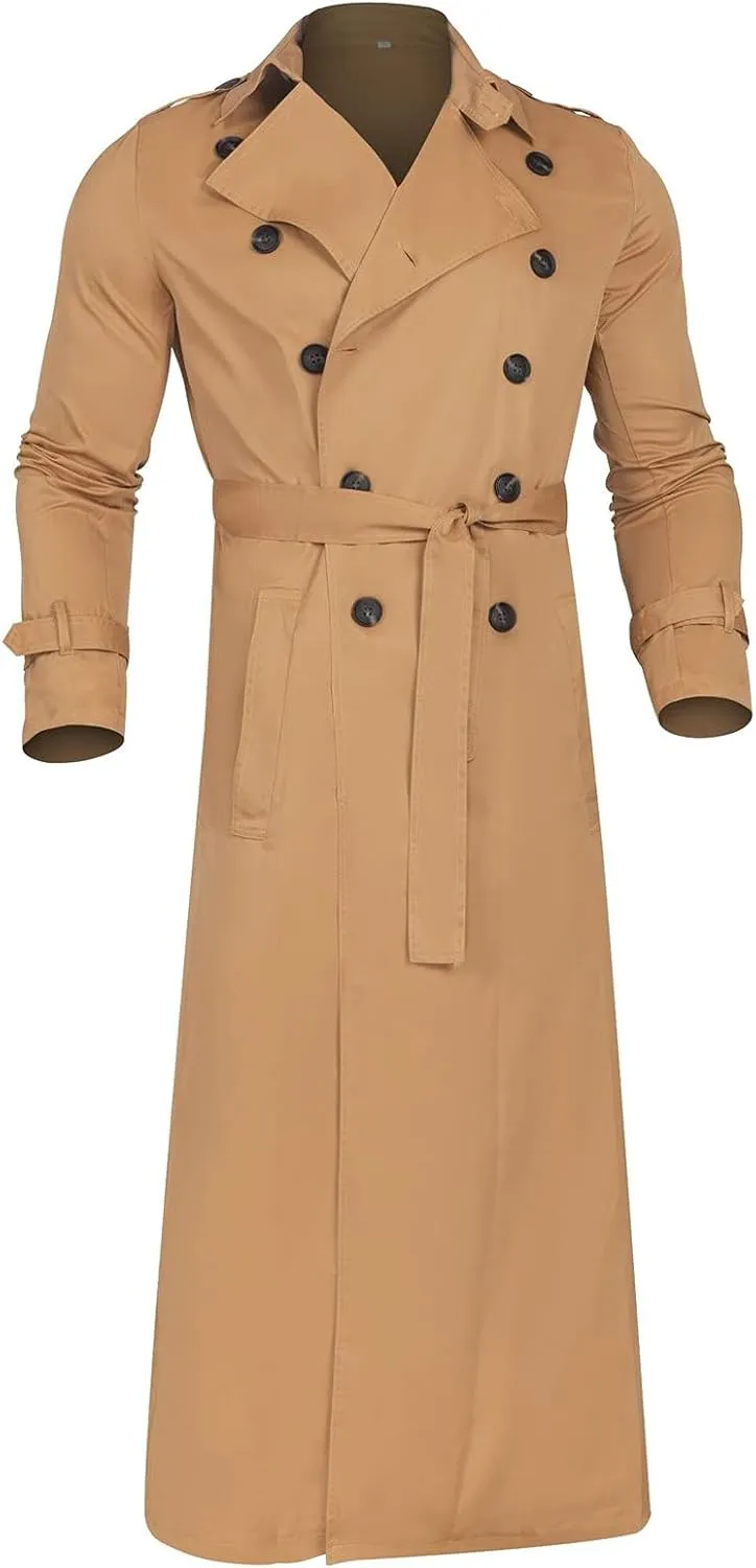 Men's Trench Coat Slim fit Lapel Double Breasted Belted Windbreaker Long Jacket Windproof Button Overcoat