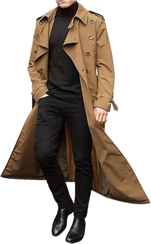 Men's Trench Coat Slim fit Lapel Double Breasted Belted Windbreaker Long Jacket Windproof Button Overcoat