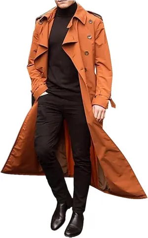 Men's Trench Coat Slim fit Lapel Double Breasted Belted Windbreaker Long Jacket Windproof Button Overcoat