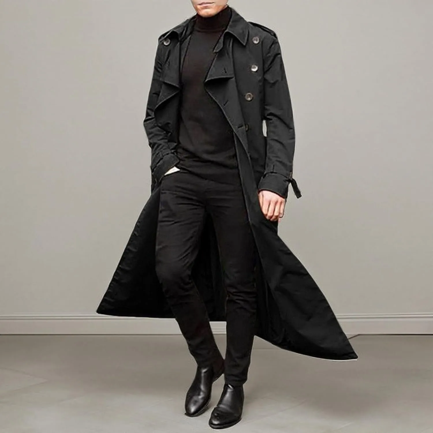 Men's Trench Coat Slim fit Lapel Double Breasted Belted Windbreaker Long Jacket Windproof Button Overcoat