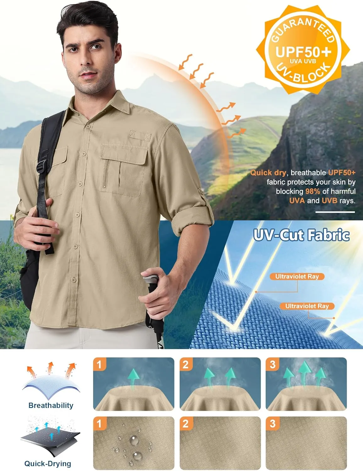 Men's UPF 50  UV Long Sleeve Sun SPF Protection Button Down Quick Dry Shirts Cooling Fishing Breathable for Safari Hiking