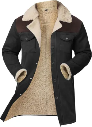 Mens Western Cowboy Jacket Distressed Suede Long Trench Coats Zip Up Sherpa Collar Faux Leather Outdoor Jacket