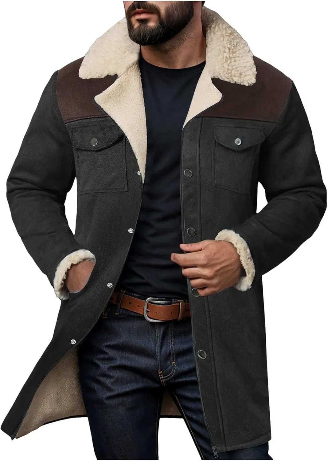 Mens Western Cowboy Jacket Distressed Suede Long Trench Coats Zip Up Sherpa Collar Faux Leather Outdoor Jacket