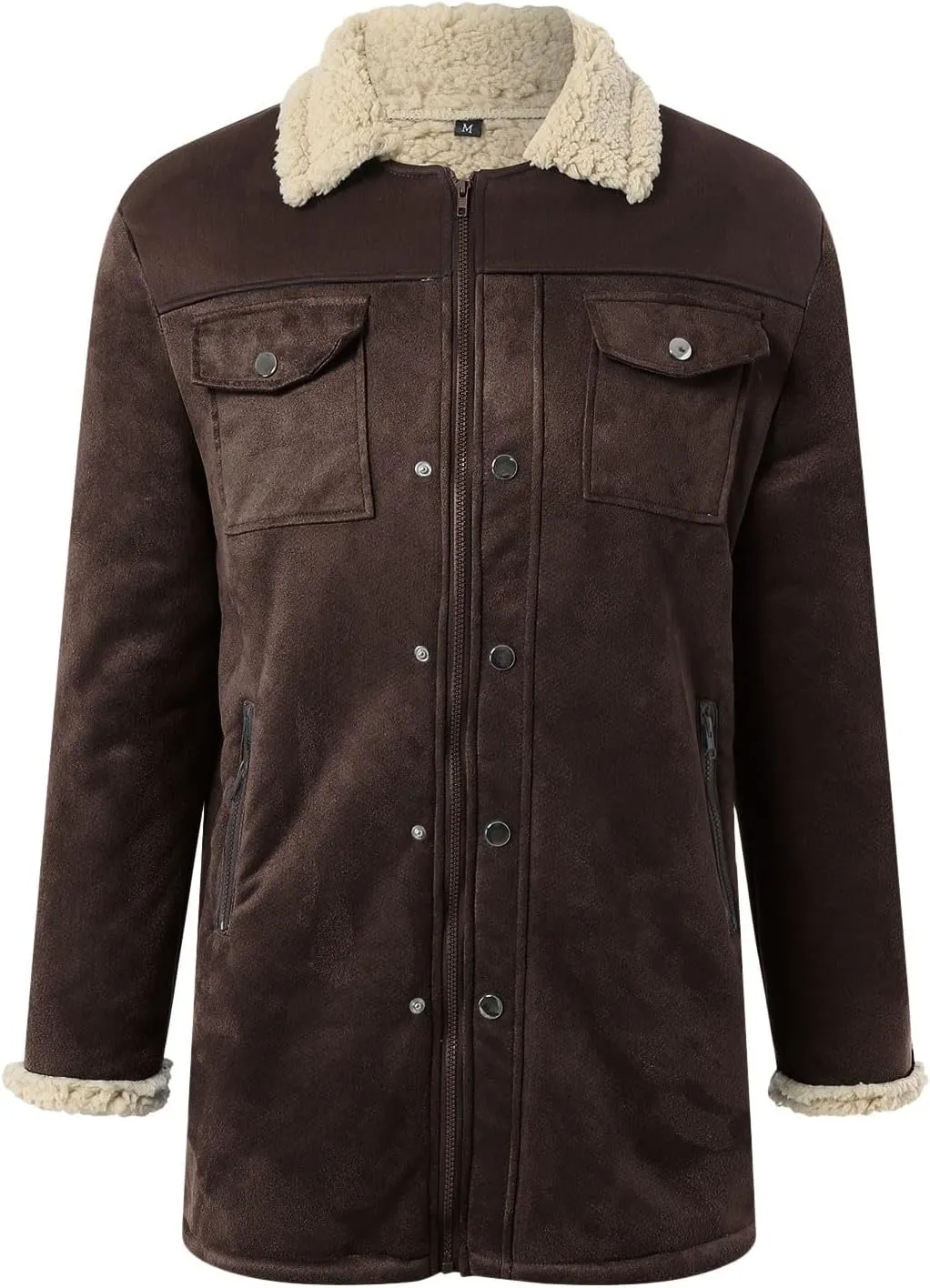 Mens Western Cowboy Jacket Distressed Suede Long Trench Coats Zip Up Sherpa Collar Faux Leather Outdoor Jacket