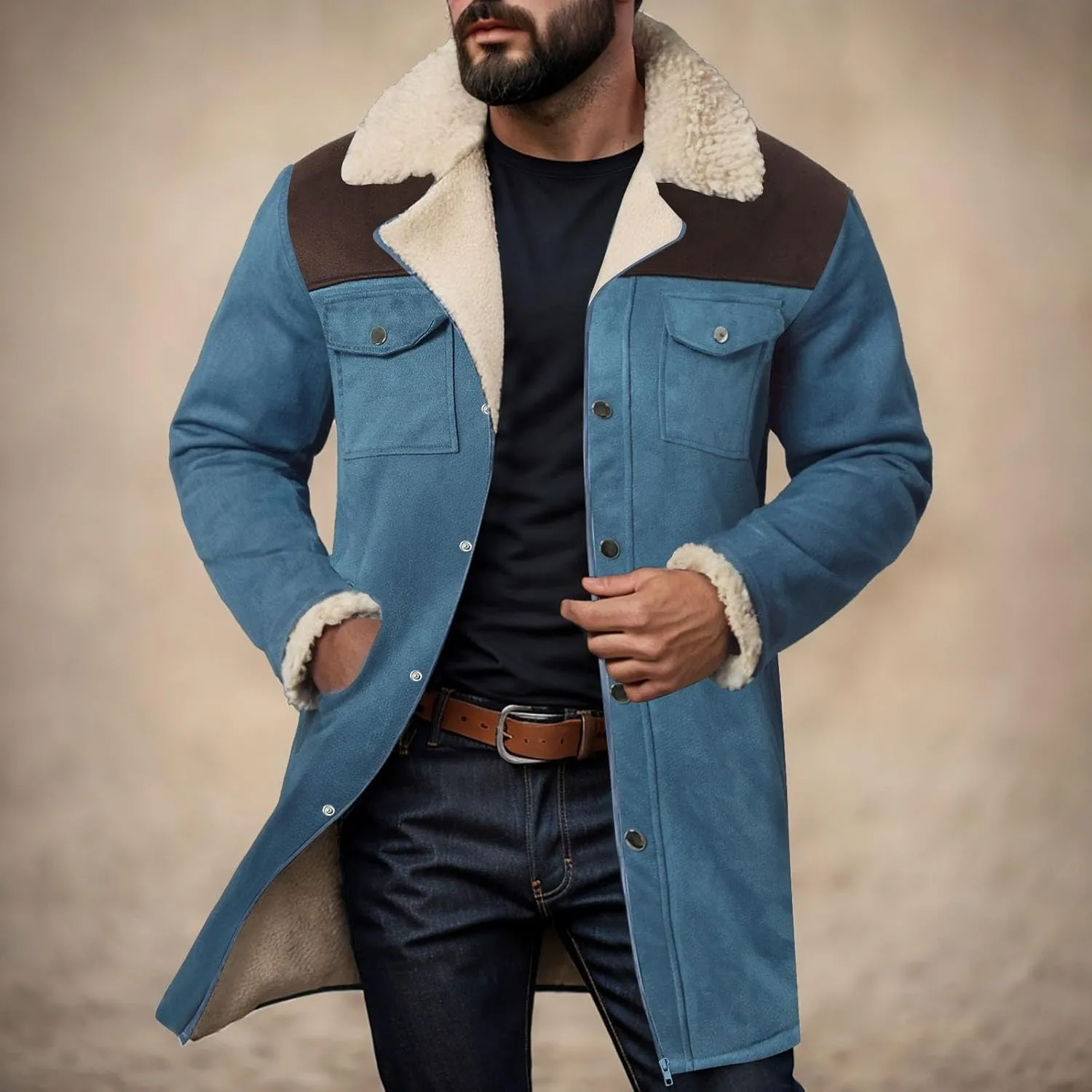 Mens Western Cowboy Jacket Distressed Suede Long Trench Coats Zip Up Sherpa Collar Faux Leather Outdoor Jacket