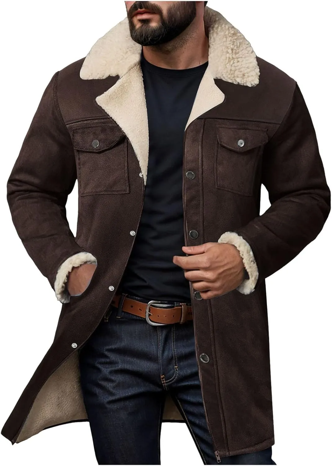 Mens Western Cowboy Jacket Distressed Suede Long Trench Coats Zip Up Sherpa Collar Faux Leather Outdoor Jacket