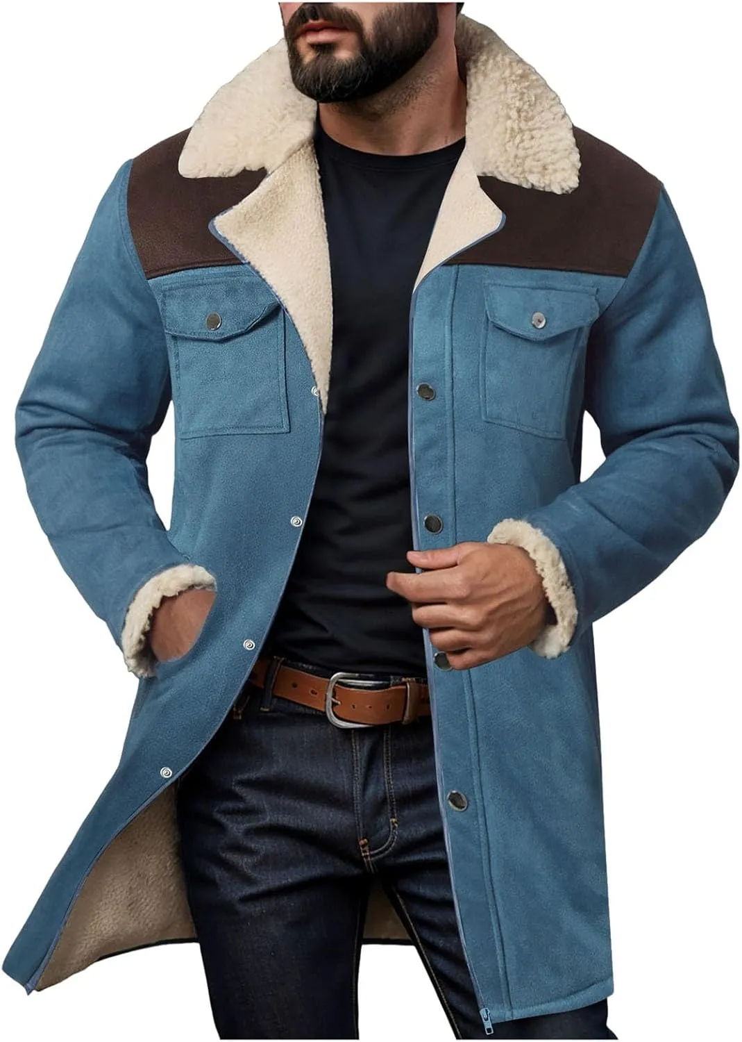 Mens Western Cowboy Jacket Distressed Suede Long Trench Coats Zip Up Sherpa Collar Faux Leather Outdoor Jacket