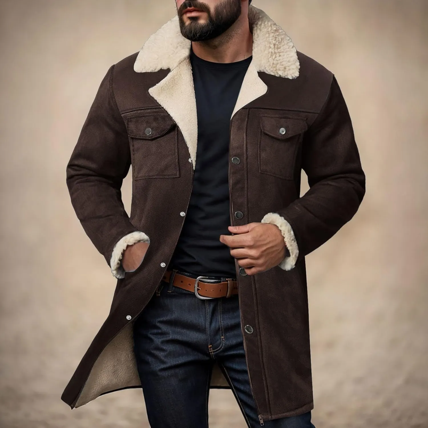 Mens Western Cowboy Jacket Distressed Suede Long Trench Coats Zip Up Sherpa Collar Faux Leather Outdoor Jacket