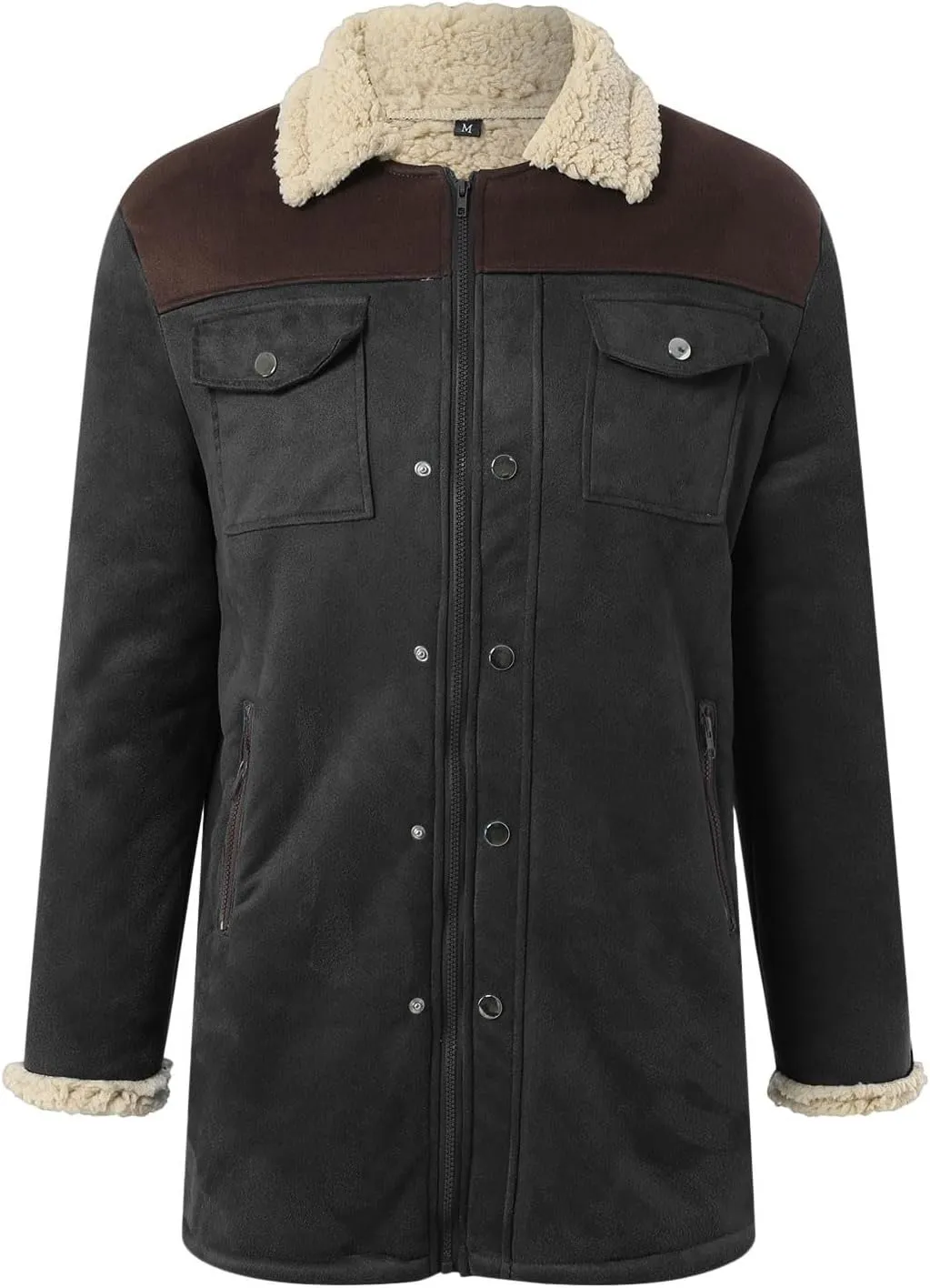 Mens Western Cowboy Jacket Distressed Suede Long Trench Coats Zip Up Sherpa Collar Faux Leather Outdoor Jacket