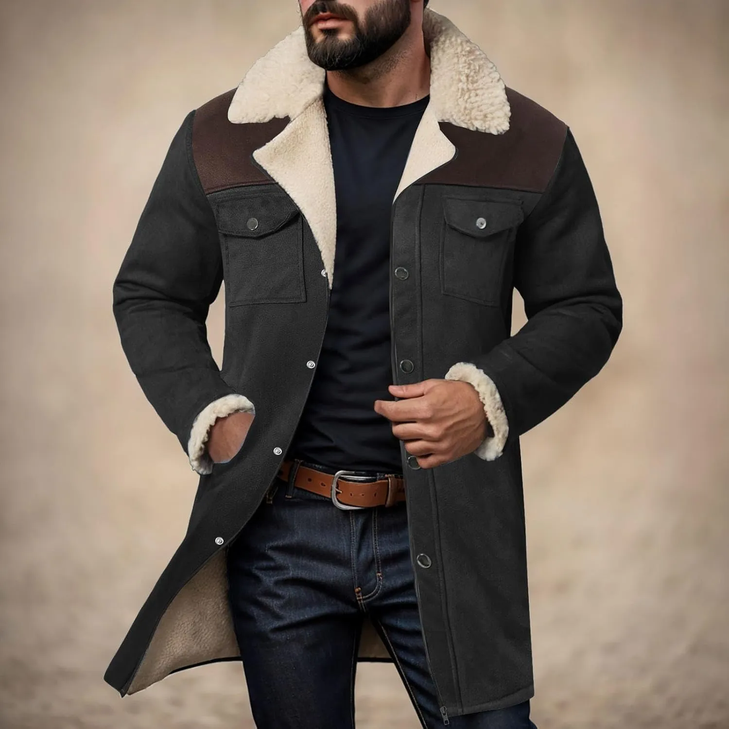 Mens Western Cowboy Jacket Distressed Suede Long Trench Coats Zip Up Sherpa Collar Faux Leather Outdoor Jacket