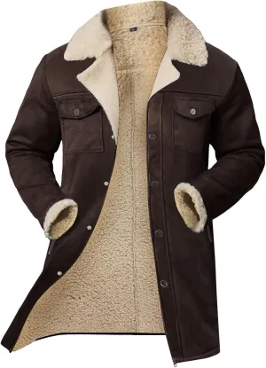 Mens Western Cowboy Jacket Distressed Suede Long Trench Coats Zip Up Sherpa Collar Faux Leather Outdoor Jacket