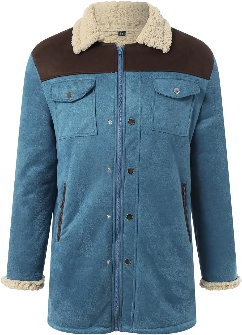 Mens Western Cowboy Jacket Distressed Suede Long Trench Coats Zip Up Sherpa Collar Faux Leather Outdoor Jacket