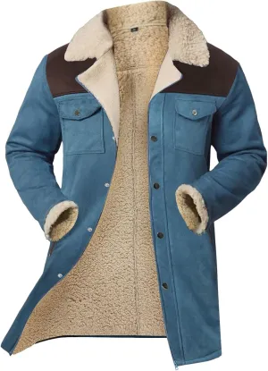 Mens Western Cowboy Jacket Distressed Suede Long Trench Coats Zip Up Sherpa Collar Faux Leather Outdoor Jacket