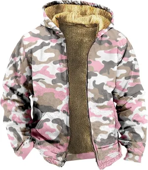 Mens Zip Up Hoodie Heavyweight Camo Hoodie Thick Fleece Lined Jacket Fall Fashion Coat Warm Winter Outwear