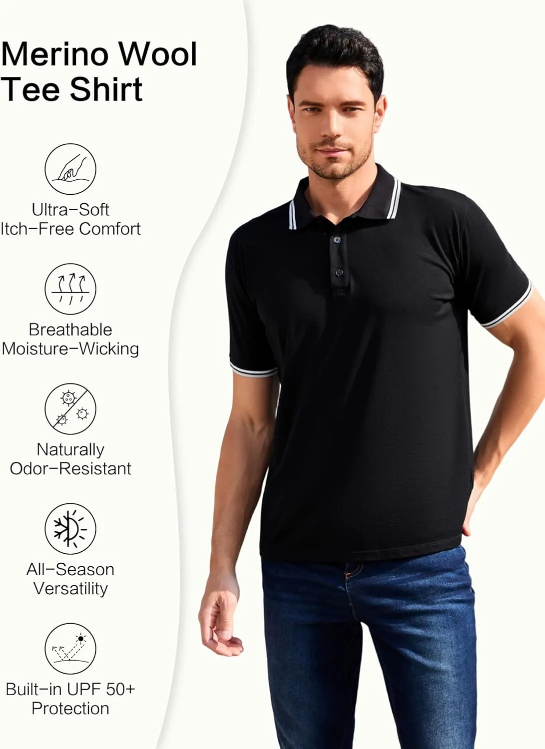 Merino Wool Polo Shirts for Men for Work Sport, Lightweight Breathable Moisture Wicking Mens Polo Shirt Short Sleeve