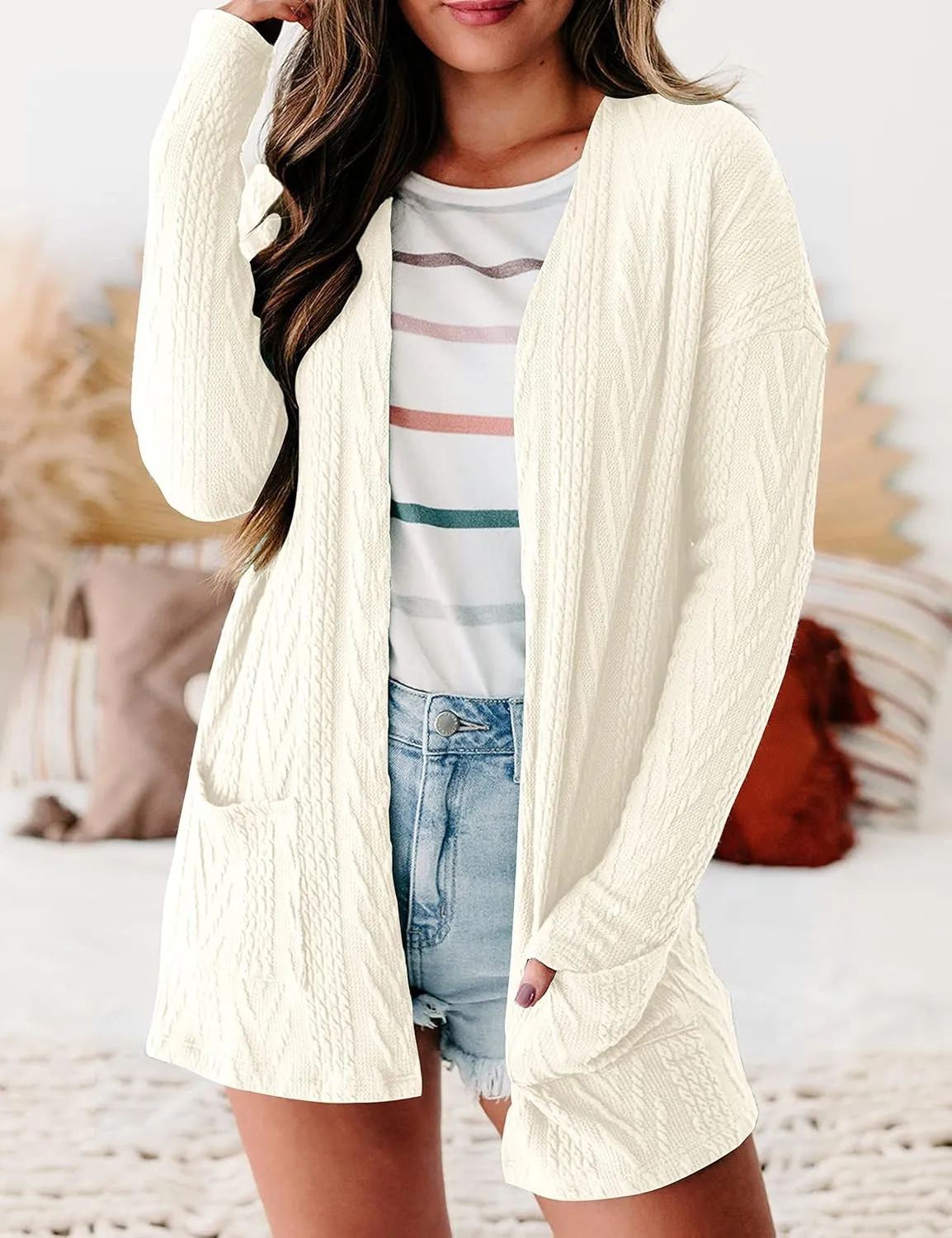 MEROKEETY Women's Casual Long Sleeve Open Front Cable Knit Cardigans Lightweight Solid Color with Pockets