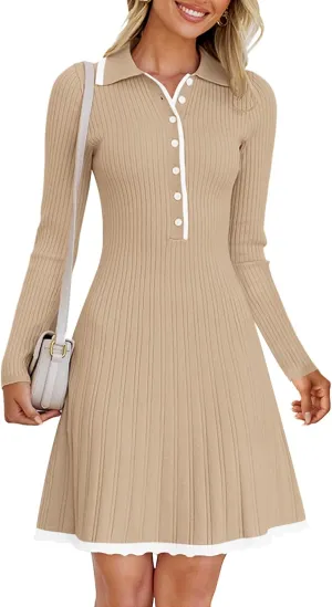 MEROKEETY Women's Long Sleeve V Neck Sweater Dress 2025 Spring Button Knit Pleated Mini Work Dresses