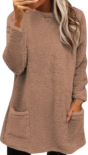 midelxp 2024 Soft Sherpa Pullover Womens Oversized Fuzzy Fleece Crewneck Sweatshirts Winter Faux Fur Loungewear with Pockets