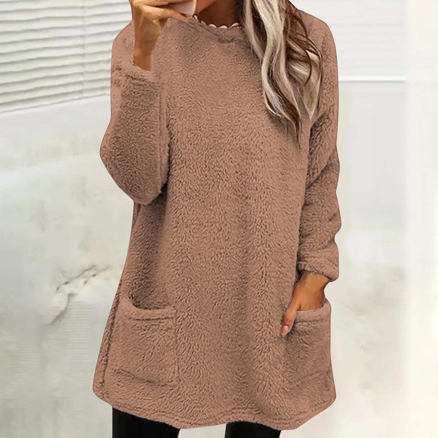 midelxp 2024 Soft Sherpa Pullover Womens Oversized Fuzzy Fleece Crewneck Sweatshirts Winter Faux Fur Loungewear with Pockets
