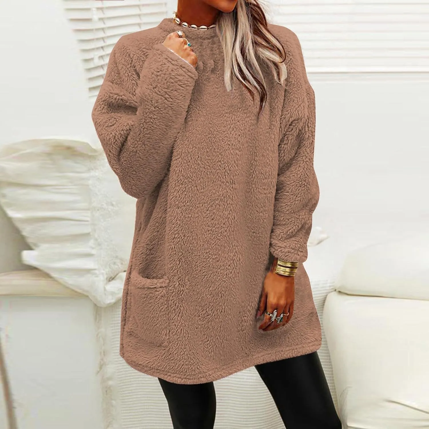 midelxp 2024 Soft Sherpa Pullover Womens Oversized Fuzzy Fleece Crewneck Sweatshirts Winter Faux Fur Loungewear with Pockets