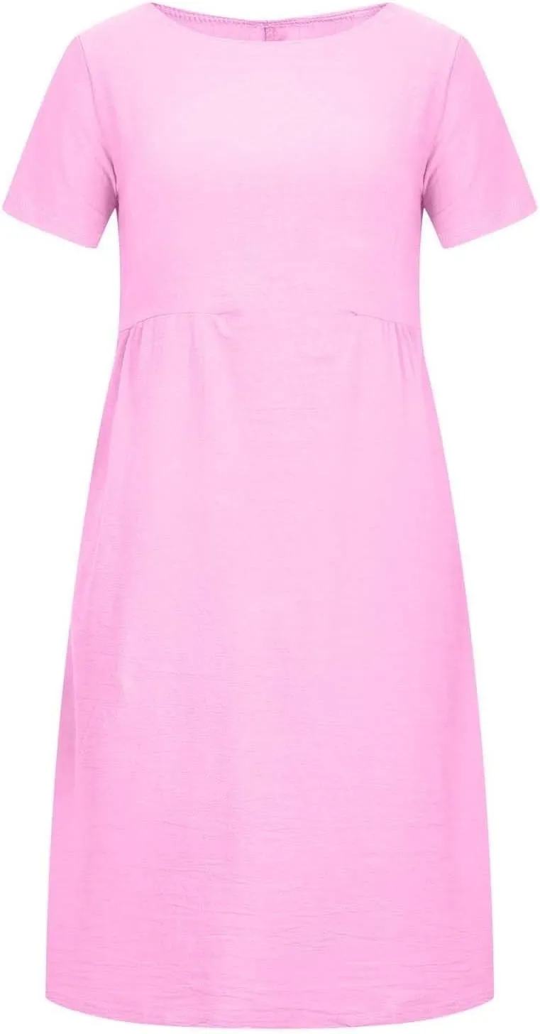 Midi Dresses for Women 2025 Summer Plus Size Short Sleeve Crwneck Linen Dress Flowy Beach Vacation Long Dress