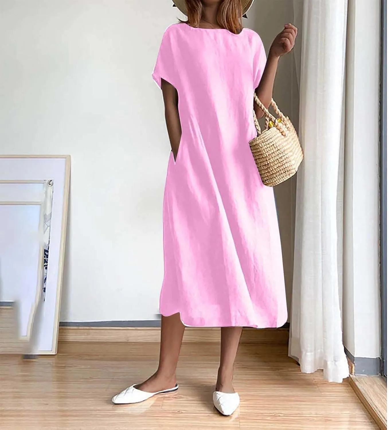 Midi Dresses for Women 2025 Summer Plus Size Short Sleeve Crwneck Linen Dress Flowy Beach Vacation Long Dress