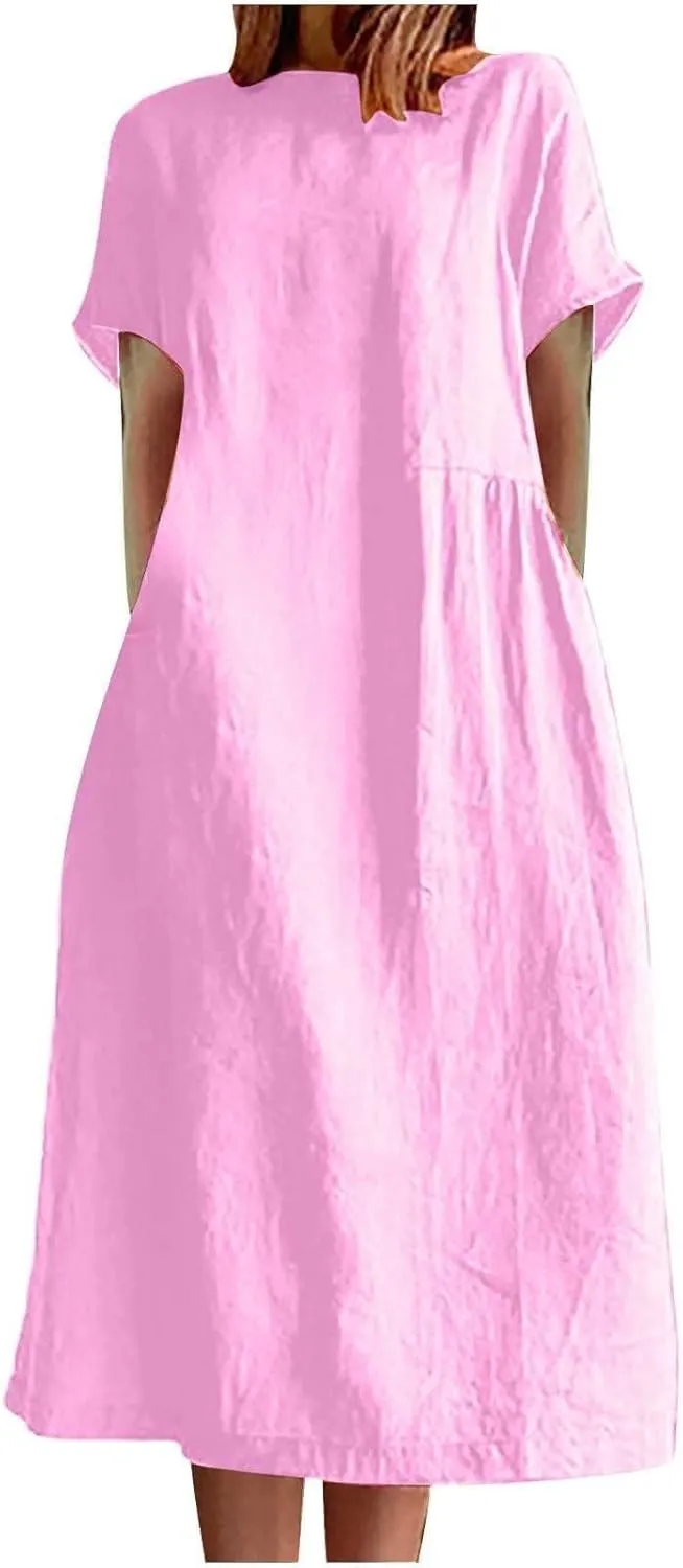 Midi Dresses for Women 2025 Summer Plus Size Short Sleeve Crwneck Linen Dress Flowy Beach Vacation Long Dress