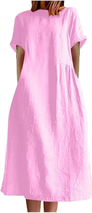 Midi Dresses for Women 2025 Summer Plus Size Short Sleeve Crwneck Linen Dress Flowy Beach Vacation Long Dress
