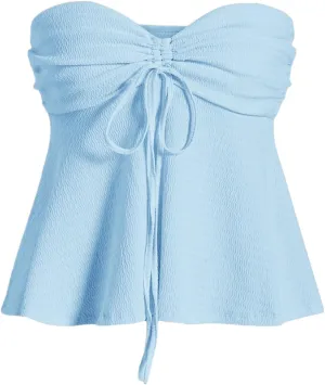 Milumia Women Tie Front Ruched Tube Top Strapless Flared Hem Peplum Bandeau Tops
