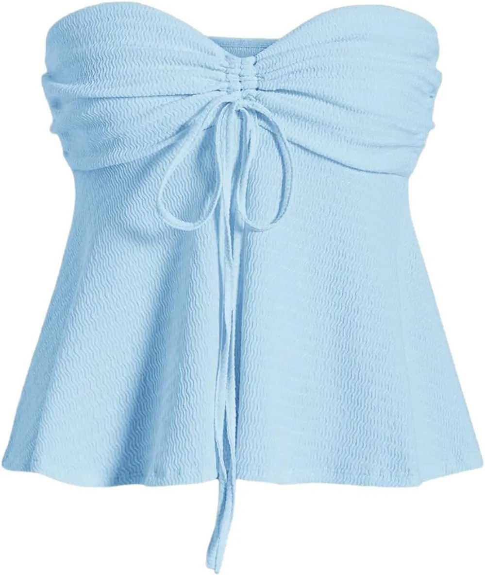 Milumia Women Tie Front Ruched Tube Top Strapless Flared Hem Peplum Bandeau Tops