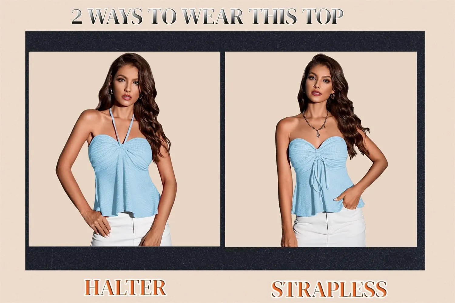 Milumia Women Tie Front Ruched Tube Top Strapless Flared Hem Peplum Bandeau Tops