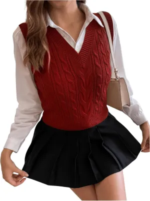 Milumia Women's Cable Knit V Neck Sweater Vest Sleeveless Ribbed Crop Tank Top