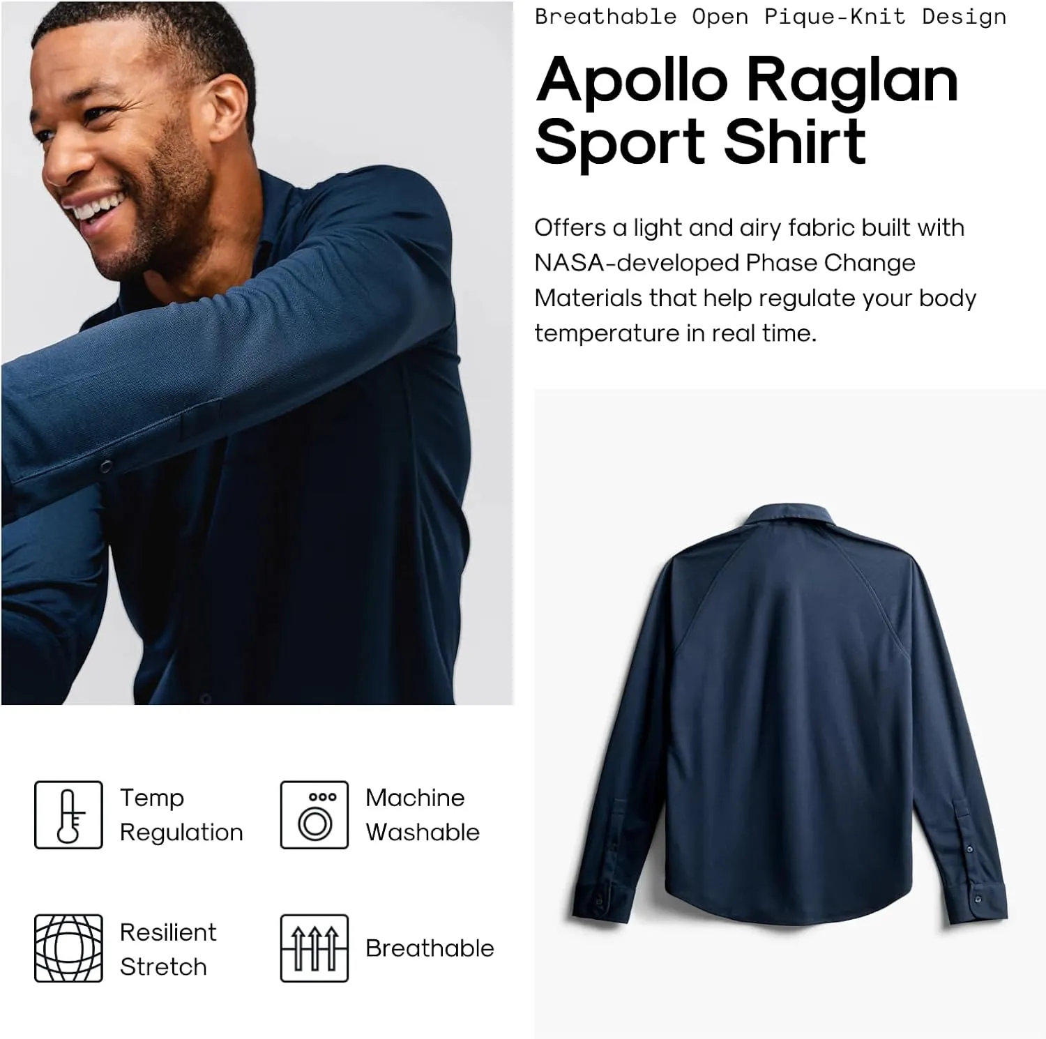 Ministry of Supply Men's Apollo Raglan Sport Dress Shirt, Casual Long Sleeve Button Down, Moisture Wicking, Wrinkle-Resistant