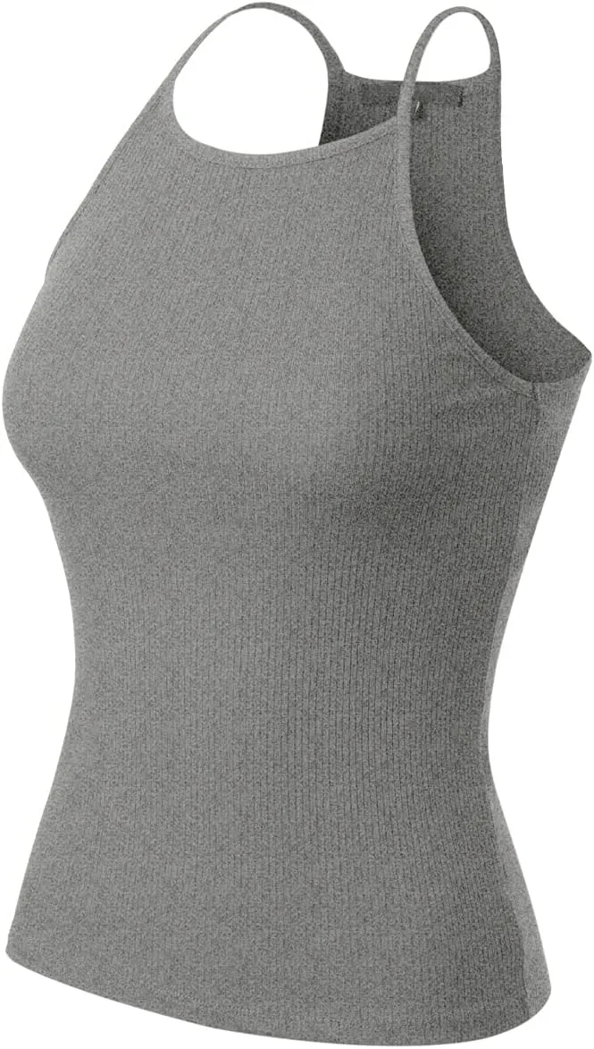 MixMatchy Women's Simple Casual Basic Active High Neck Ribbed Tank Top
