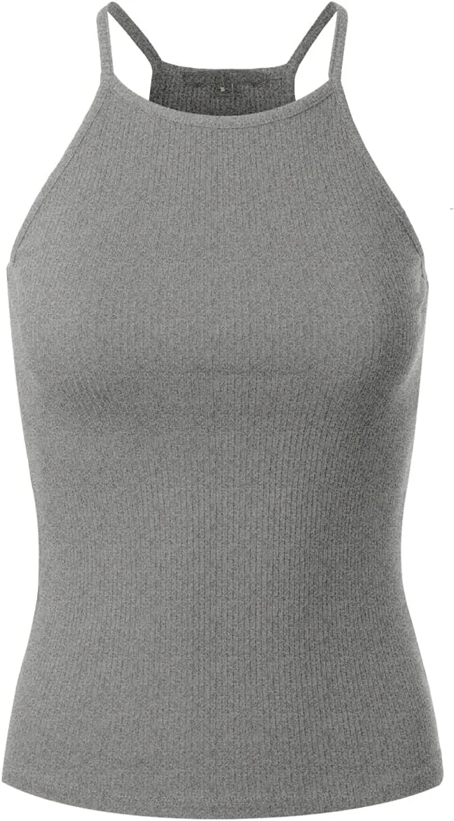 MixMatchy Women's Simple Casual Basic Active High Neck Ribbed Tank Top