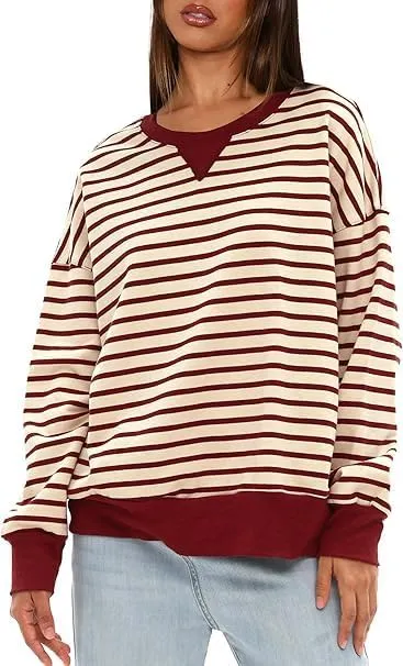 Mulisky Sweatshirt for Women, Oversized Crewneck Striped Long Sleeve Shirts Casual Pullover Top
