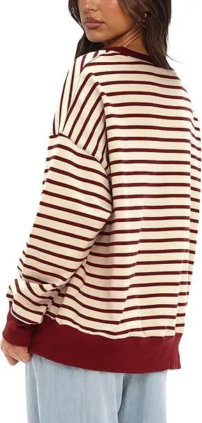 Mulisky Sweatshirt for Women, Oversized Crewneck Striped Long Sleeve Shirts Casual Pullover Top