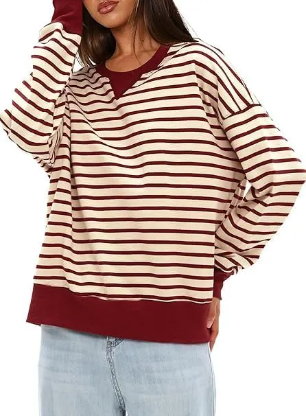 Mulisky Sweatshirt for Women, Oversized Crewneck Striped Long Sleeve Shirts Casual Pullover Top