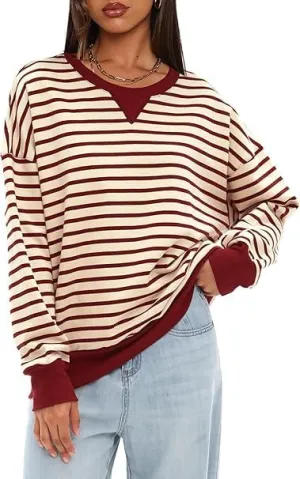 Mulisky Sweatshirt for Women, Oversized Crewneck Striped Long Sleeve Shirts Casual Pullover Top