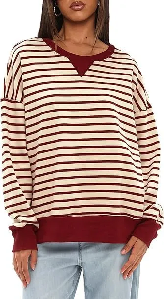 Mulisky Sweatshirt for Women, Oversized Crewneck Striped Long Sleeve Shirts Casual Pullover Top