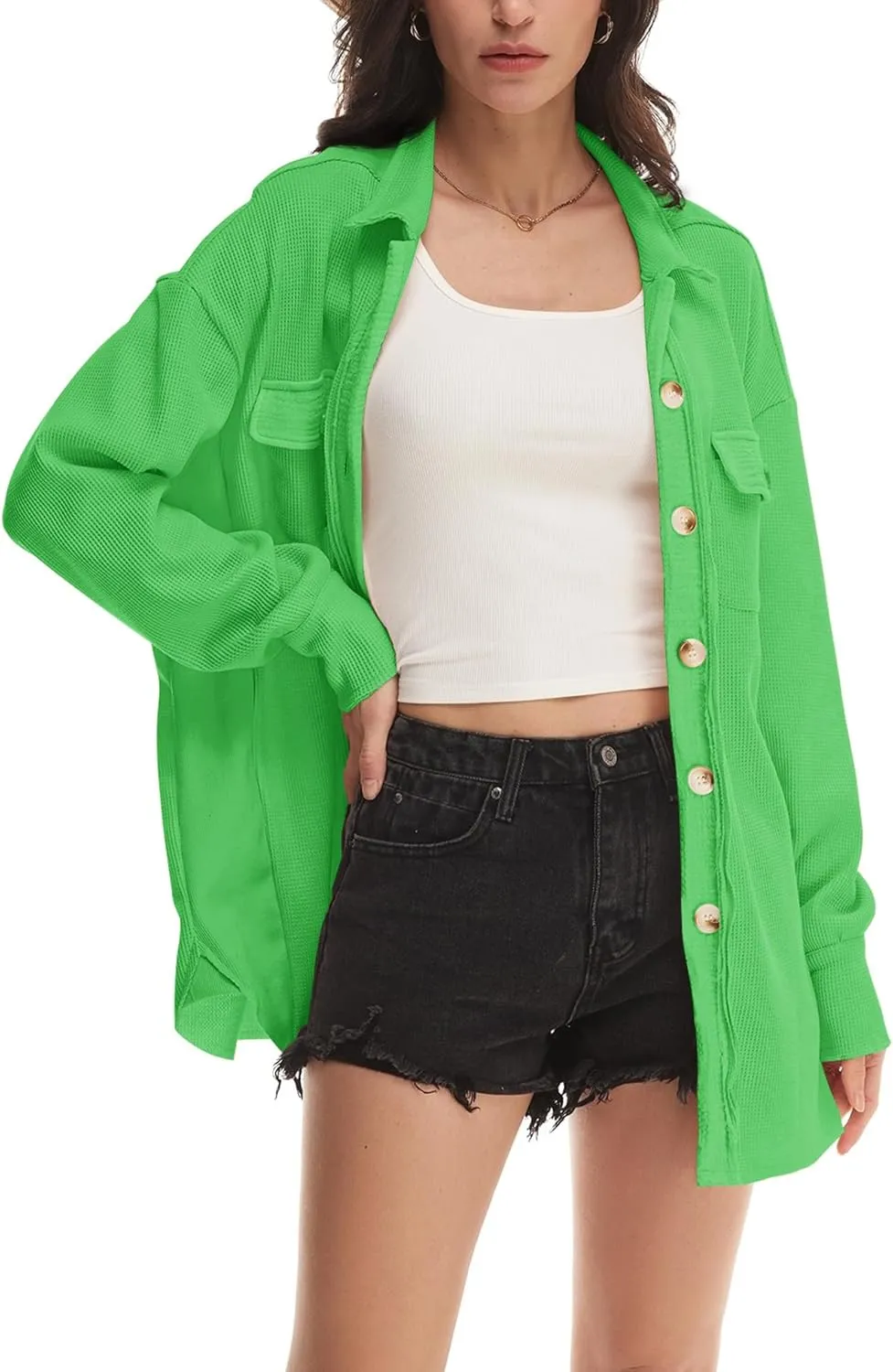 Nirovien Womens Waffle Knit Shacket Oversized Button Down Shirt Jacket Lightweight Spring Outfits Clothes