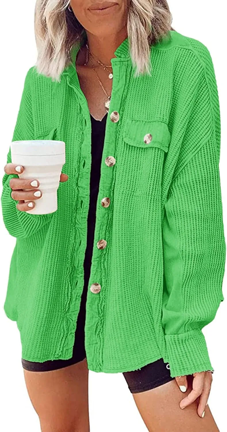 Nirovien Womens Waffle Knit Shacket Oversized Button Down Shirt Jacket Lightweight Spring Outfits Clothes