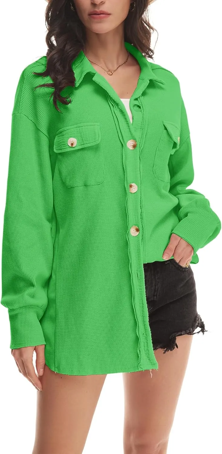 Nirovien Womens Waffle Knit Shacket Oversized Button Down Shirt Jacket Lightweight Spring Outfits Clothes