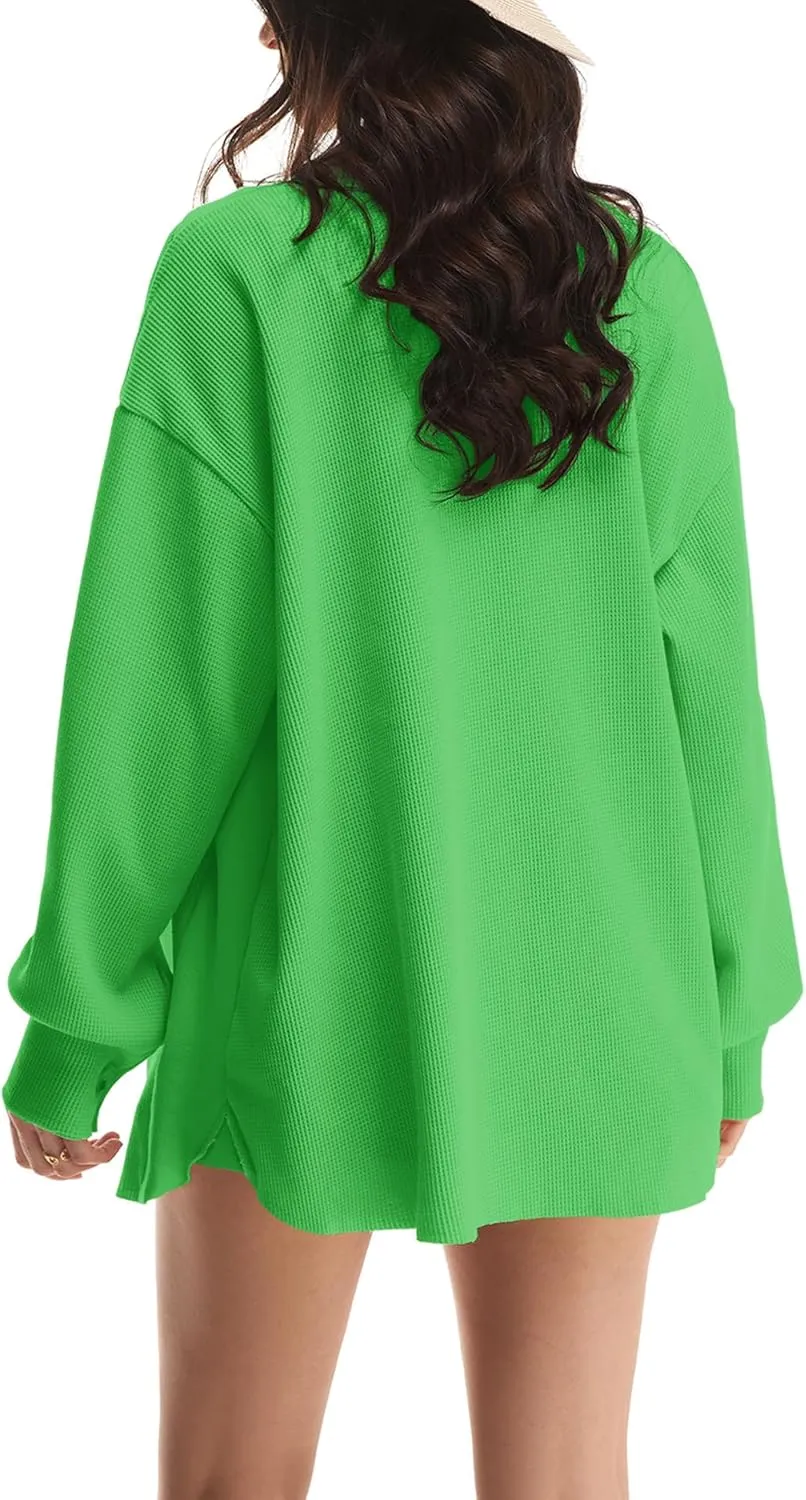 Nirovien Womens Waffle Knit Shacket Oversized Button Down Shirt Jacket Lightweight Spring Outfits Clothes