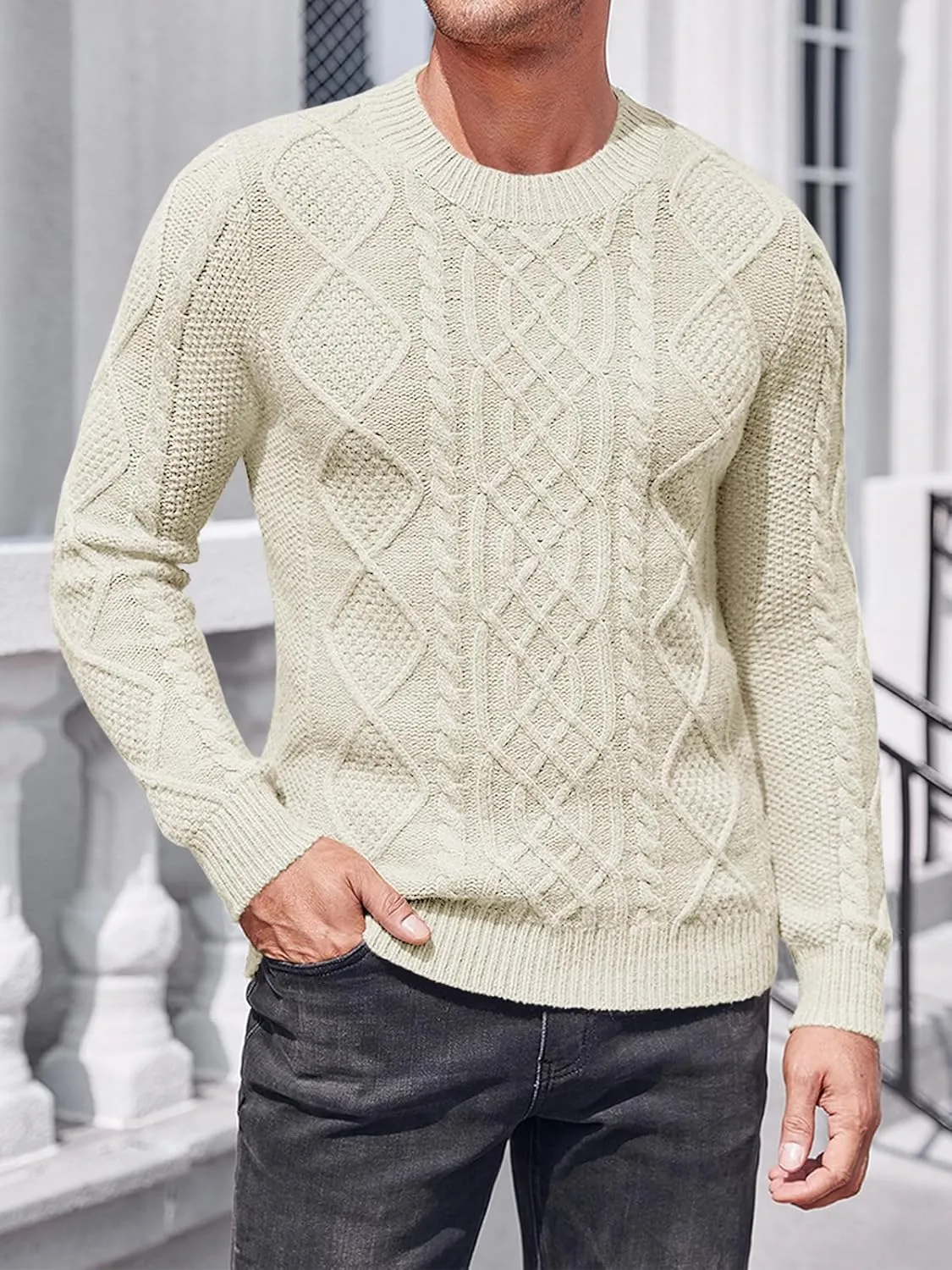 NIUBIA Men's Slim Fit Crewneck Pullover Sweater Winter Casual Chunky Cable Knit Comfort Heavy Long Sleeve Sweaters